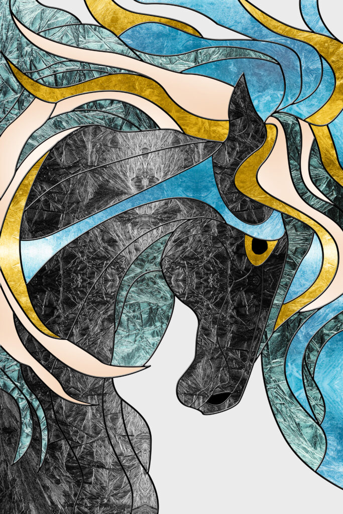 colorful-illustration-horse-blue-gold-color