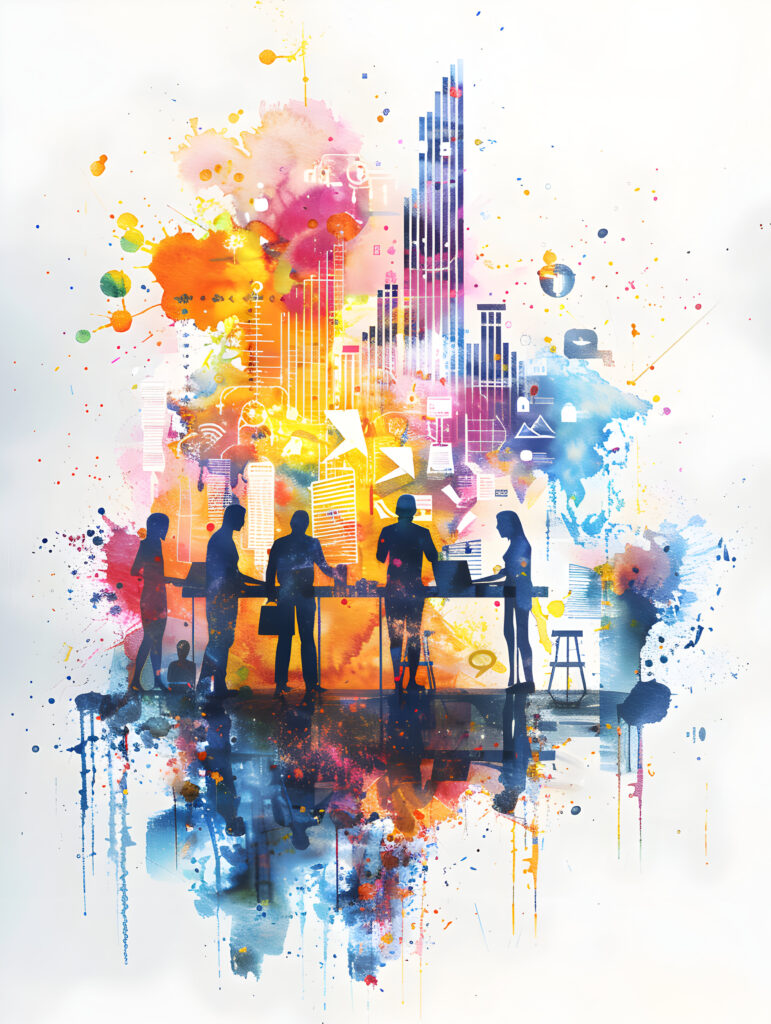 group-people-interacting-with-watercolor-financial-dashboards-laptops-against-dreamy-backg