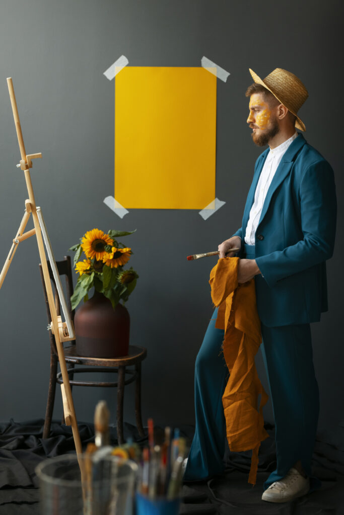 side-view-man-posing-with-sunflowers